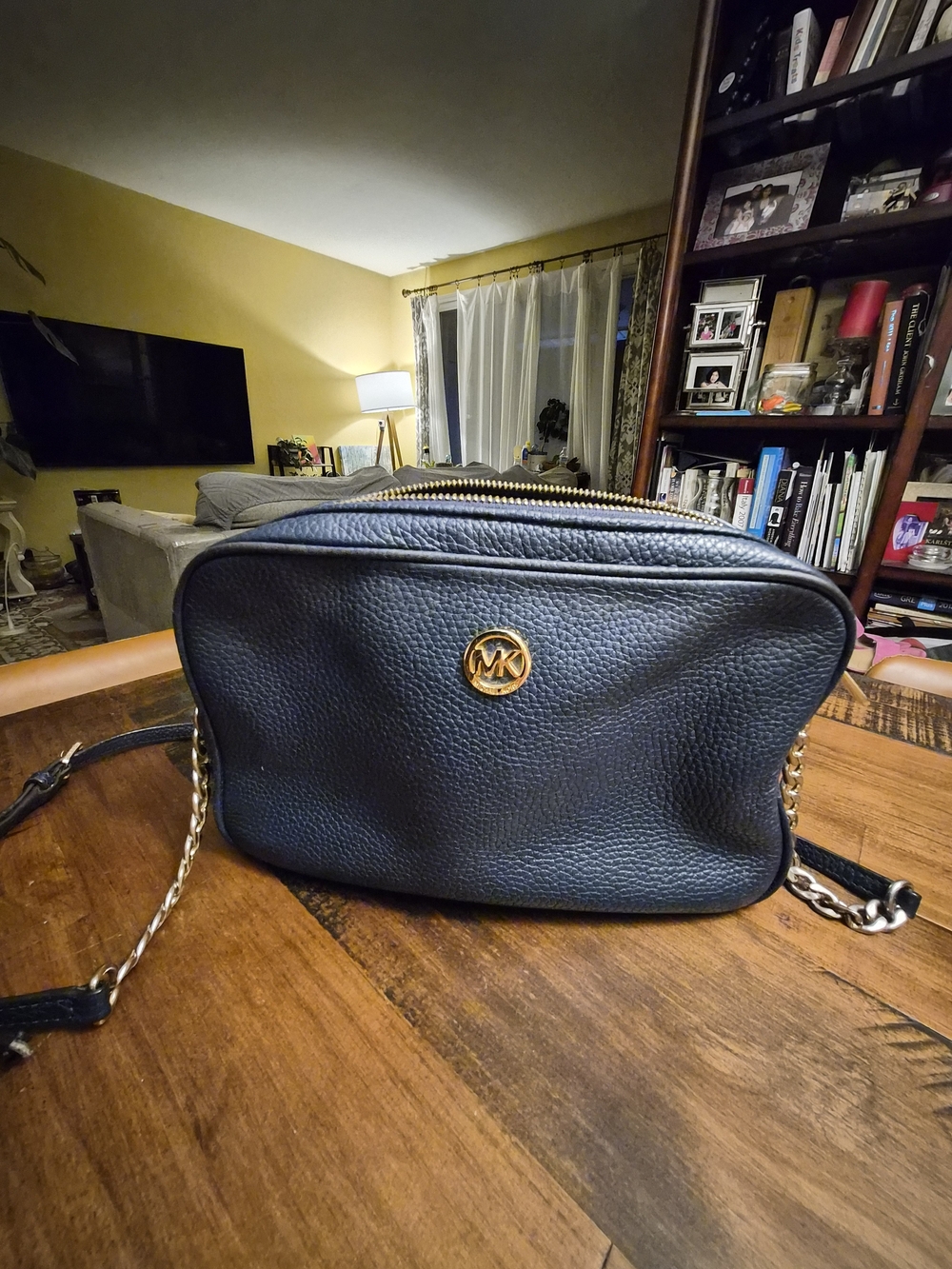 Michael Kors Navy Pebbled Leather Chain-Strap Crossbody